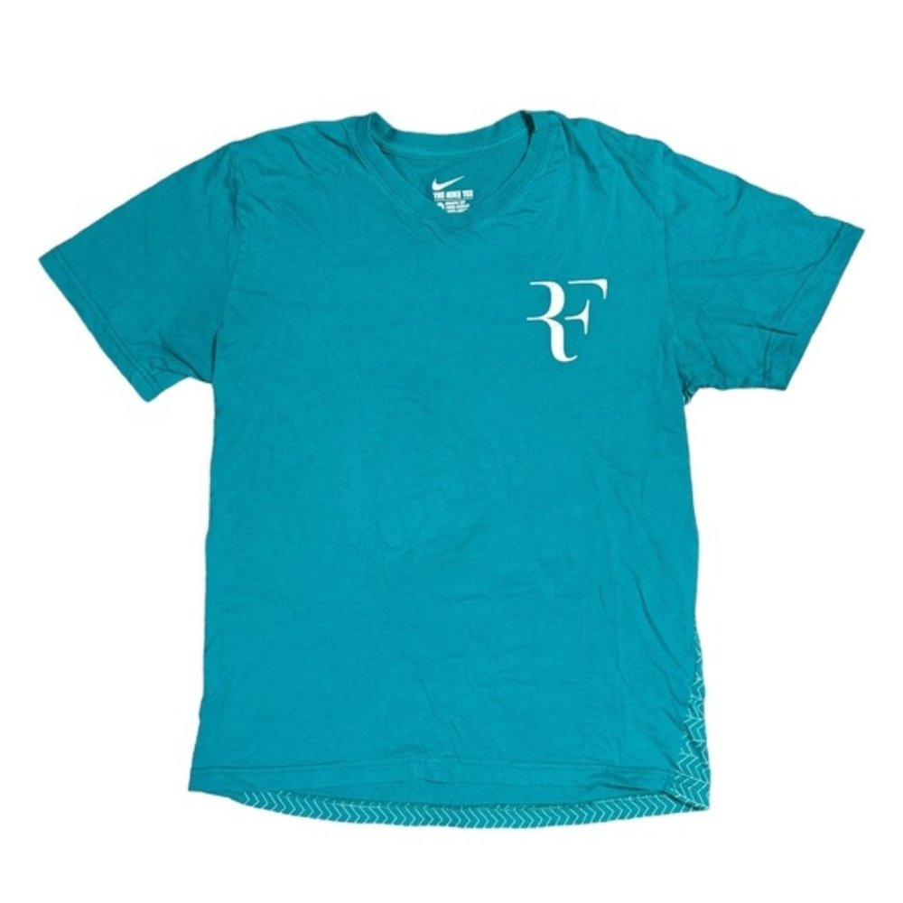 Nike RF Roger  Federer Tennis V Neck Teal Blue Athletic Fit T Shirt Mens Medium